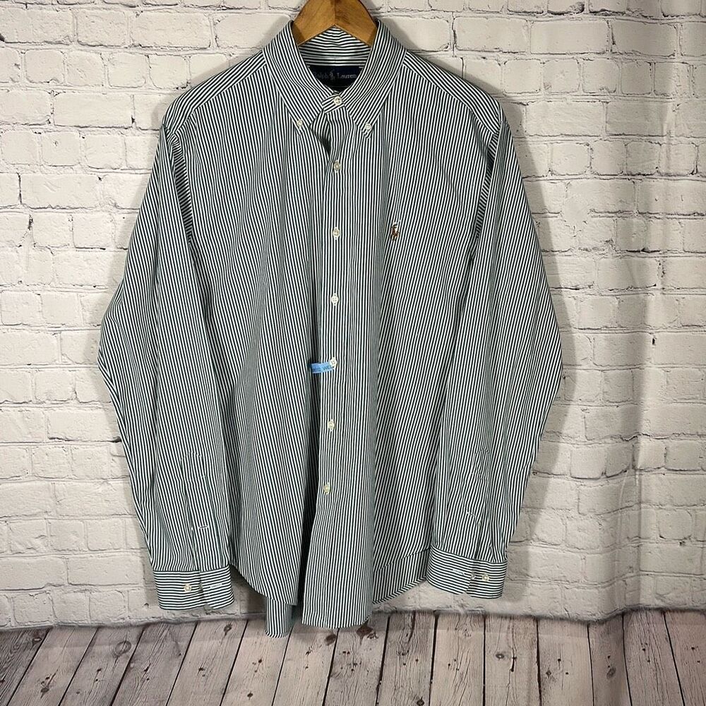 Vintage Ralph Lauren Classic Fit 100% Cotton‎ Shirt Size 16 34/35 Green Striped